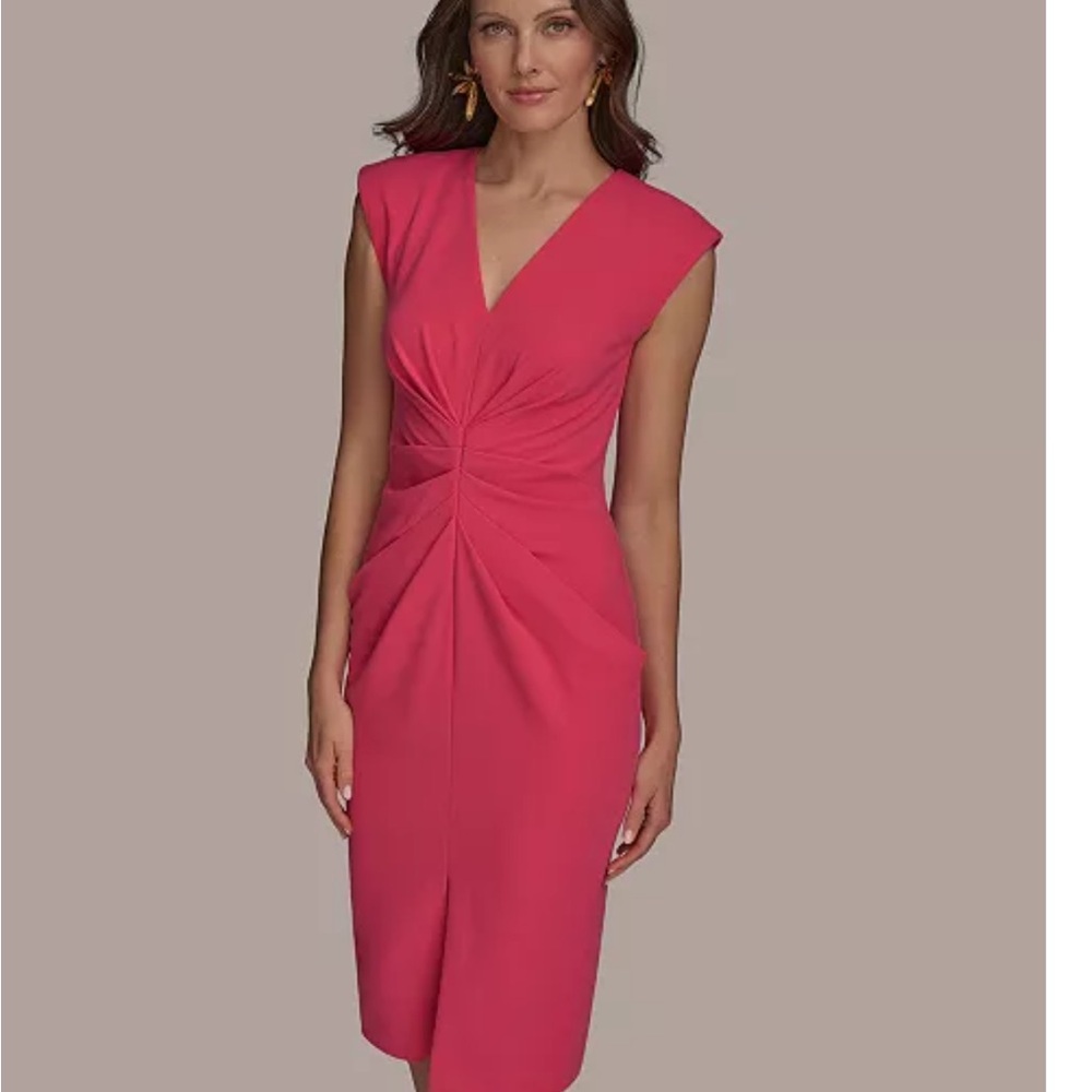 Donna Karan Hot Pink Twisted Front V-Neck Sheath Dress